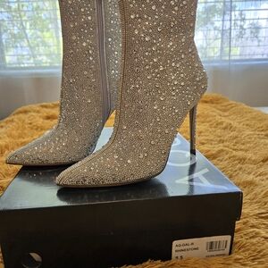 Rhinestone Pointed Stiletto Booties in Sparkling Taupe